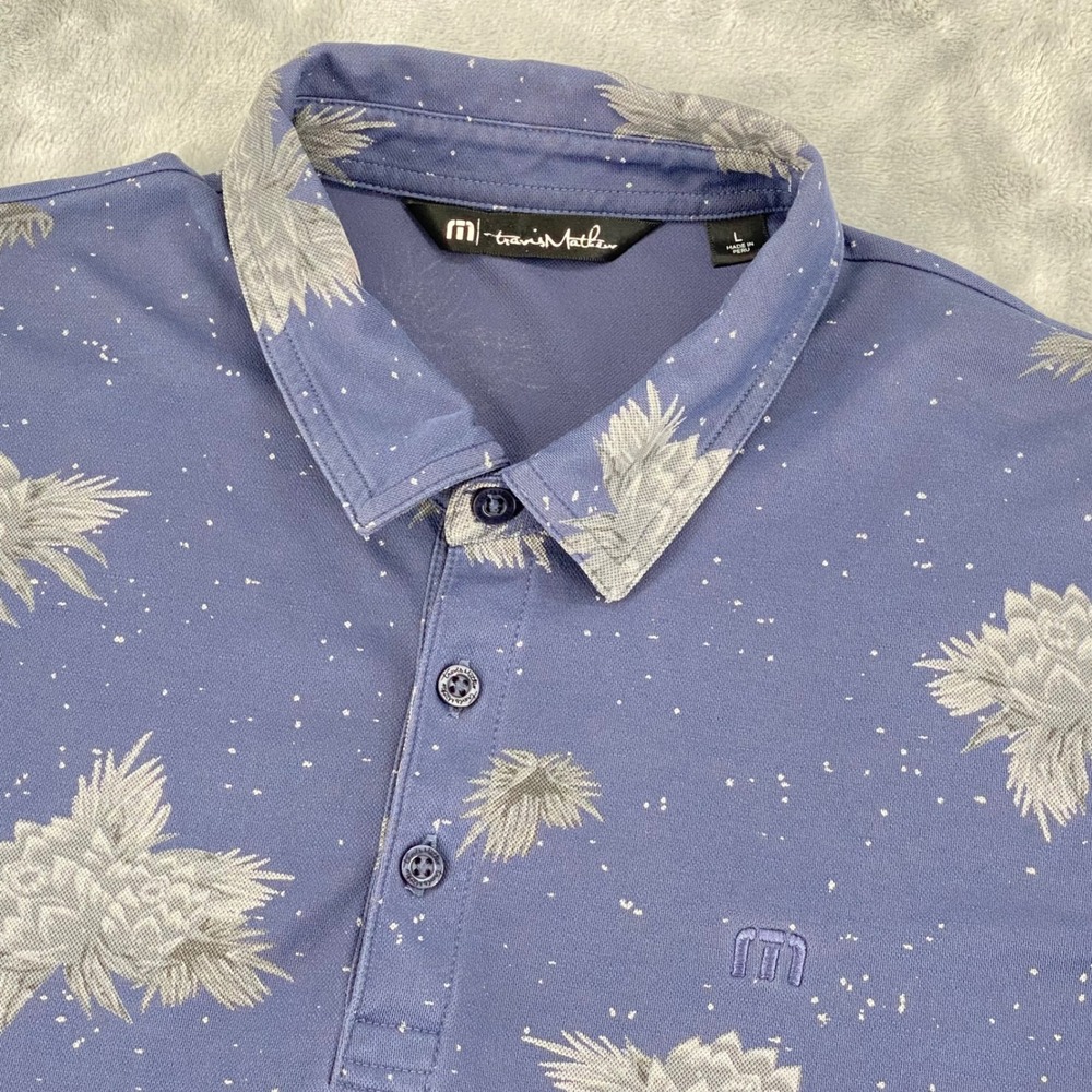 Travis Mathew Polo Shirt Mens Large Blue Floral Print Pima Cotton‎ Blend Short